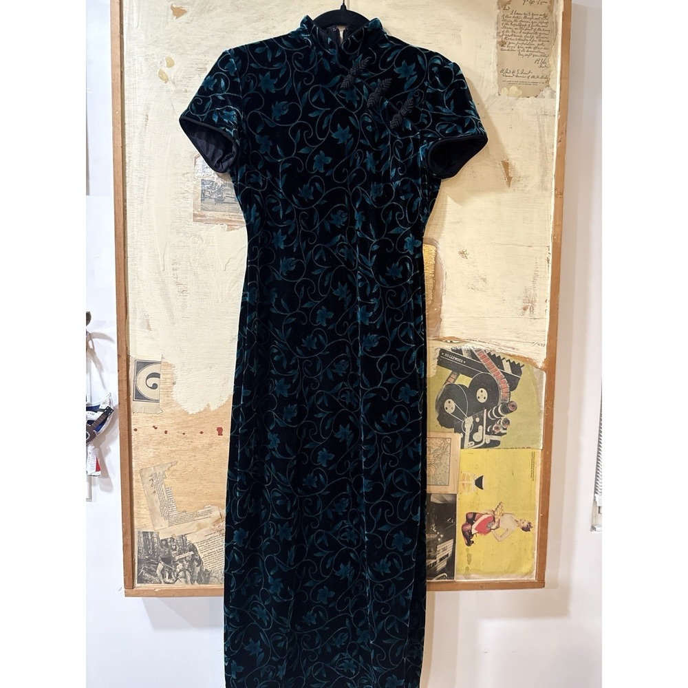Vintage David Warren‎ Velvet Cheongsam Dress Teal Black Floral Size 4 Back Zip